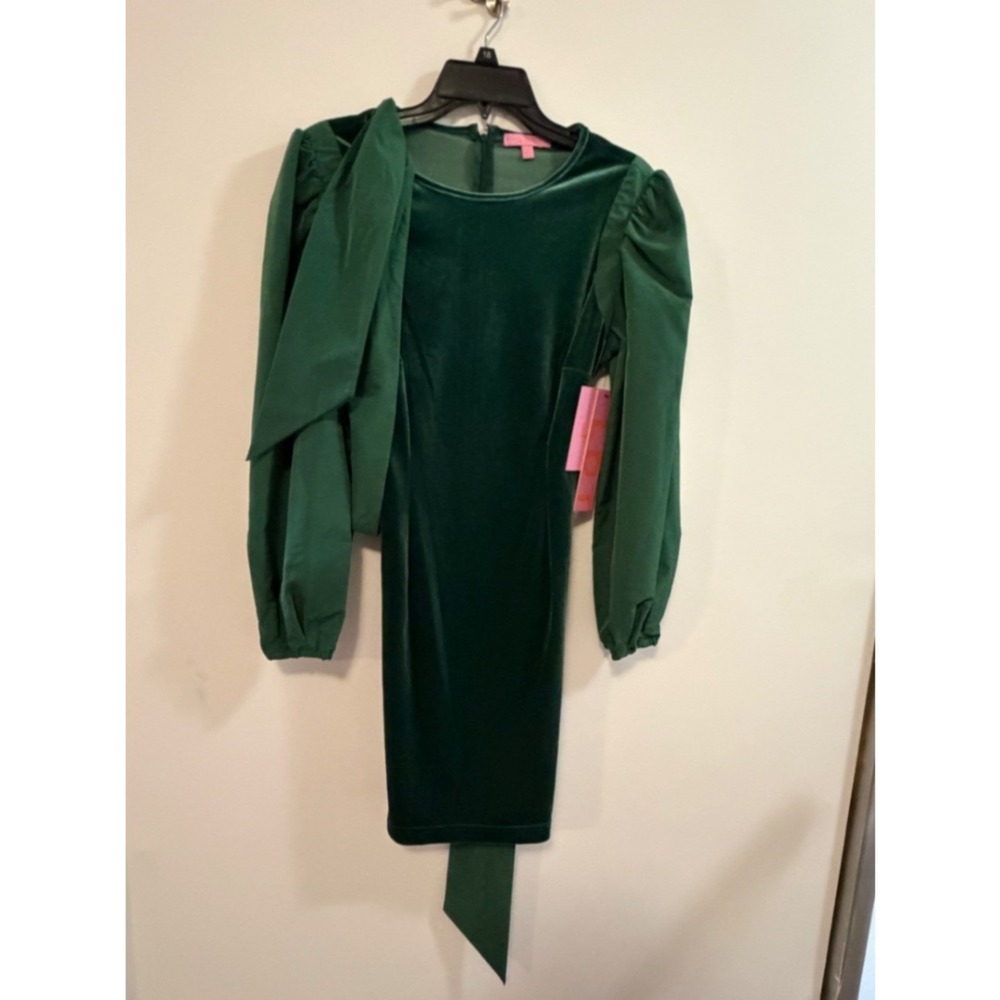 LDT Women Emerald Green Velvet Puff Sleeve Tie Back Mini Dress Size 6